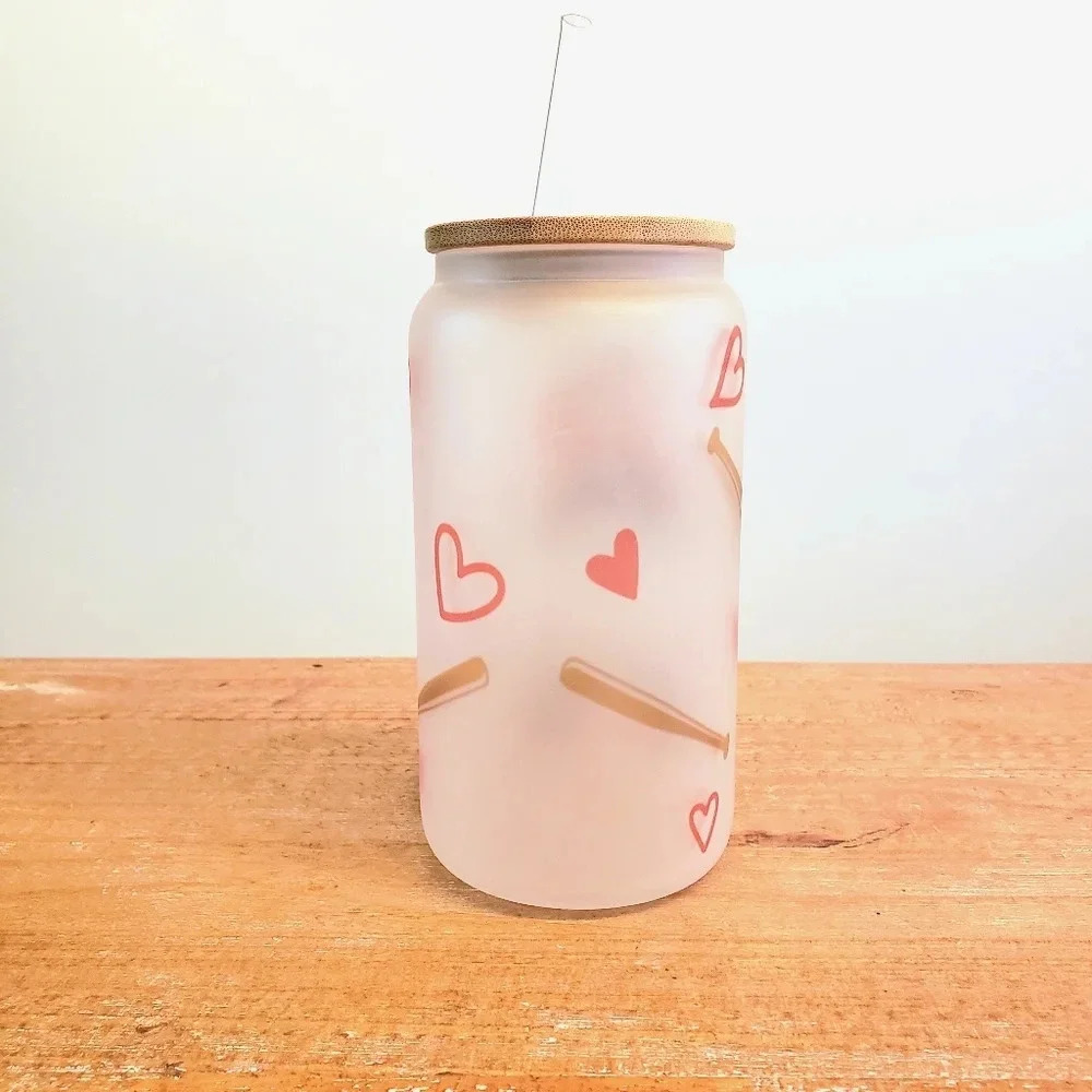 Baseball mom frosted glass cup includes lid and plastic straw - Picture 3 of 4
